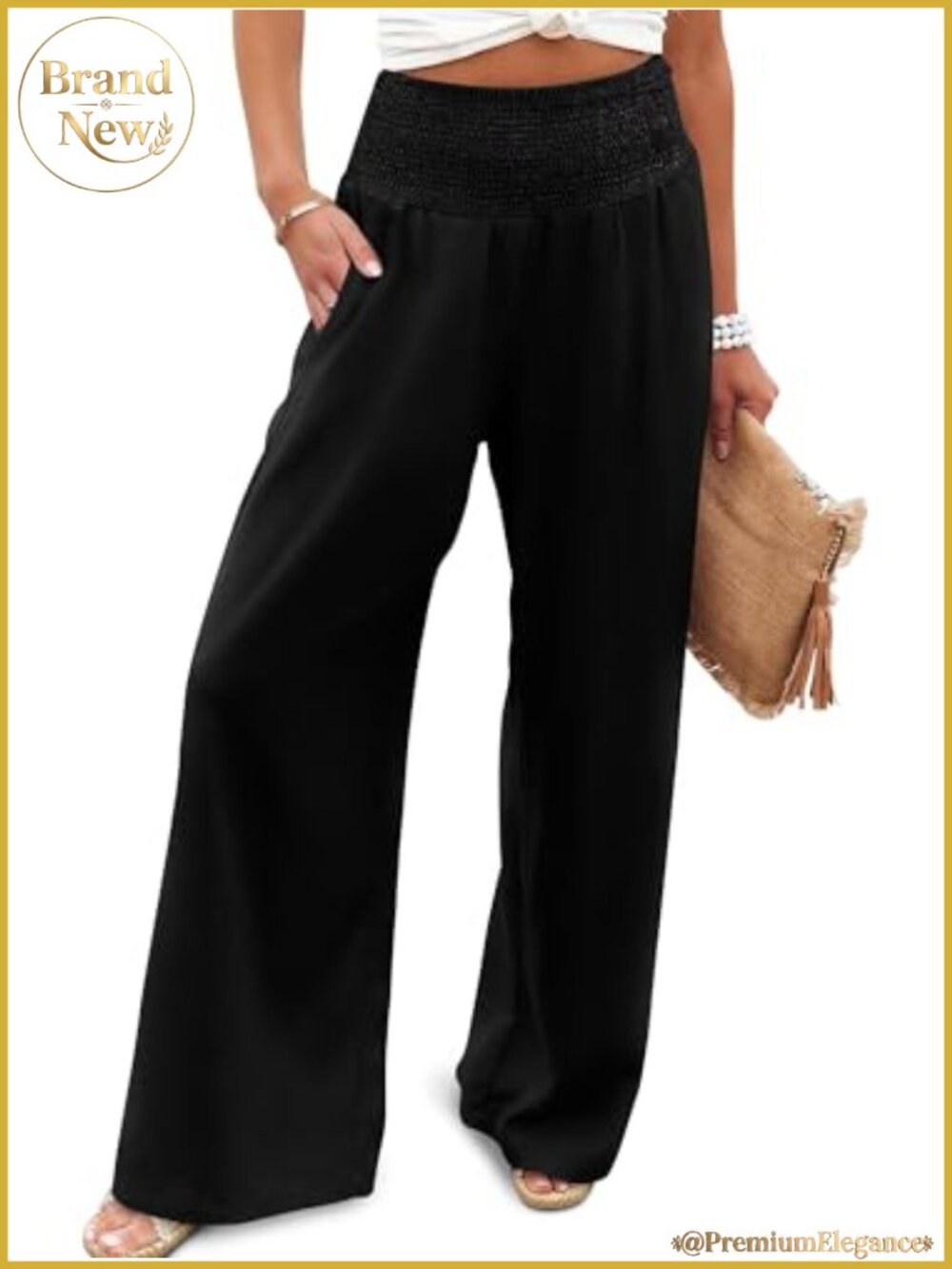 Womens Wide Leg Palazzo Pants Smocked High Waist Flowy Casual Trousers